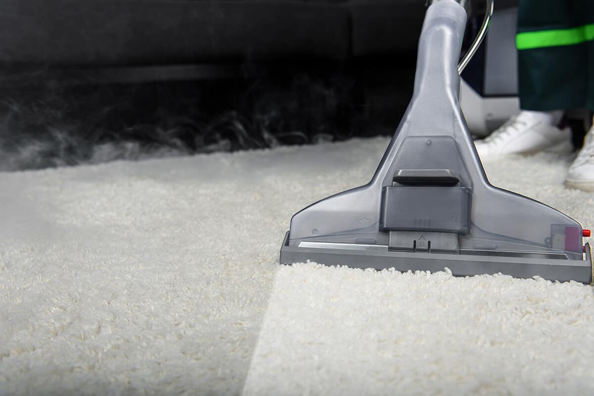 close up view of a professional cleaner vacuuming a carpet