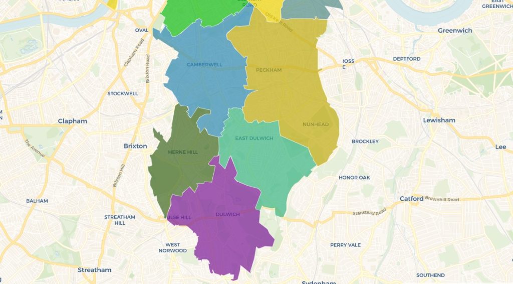 postcode area map of skycleaners end of tenancy service area including dulwich, east dulwich, dulwich village and surrounding areas and postcodes