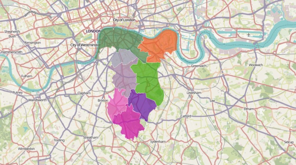 service area map with postcode areas in bermondsey and surrounding regions in southwark